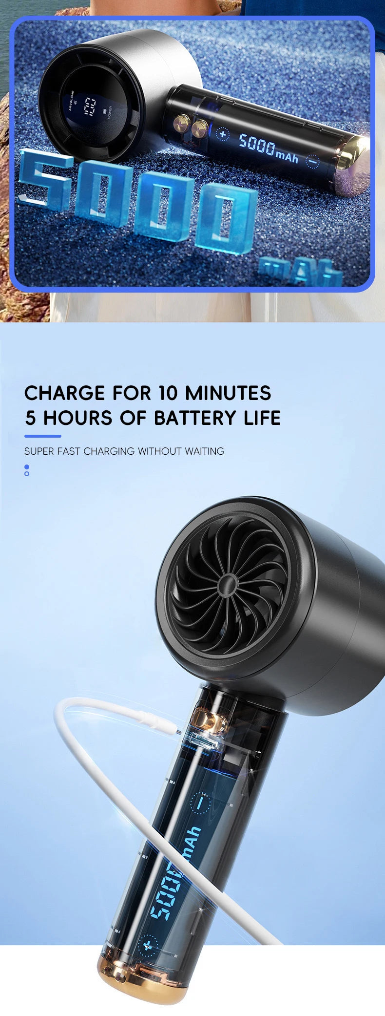 Mini Handheld Fan USB Fast Charging Portable Air Calculating Fan Mute Highspeed Fan for Travel Outdoor Activities