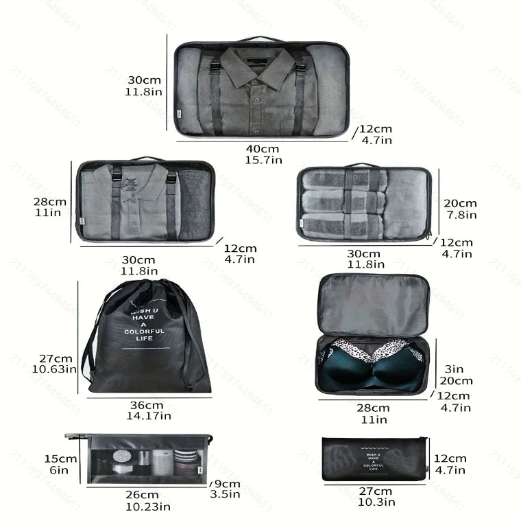 Seven-piece travel storage bag set, luggage, clothing organization bag, travel clothes and underwear sorting and storage bag